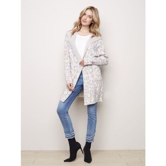 Charlie B Leopard Animal Print Gray Cream Hooded Cardigan Sweater Coat - Picture 1 of 10